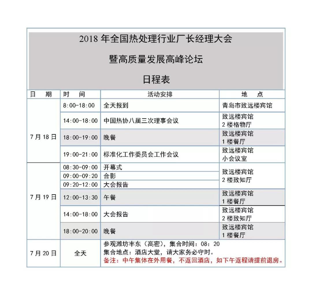 2018年全国热处理行业厂长经理大会日程安排 2018年全国热处理行业厂长经理大会日程安排